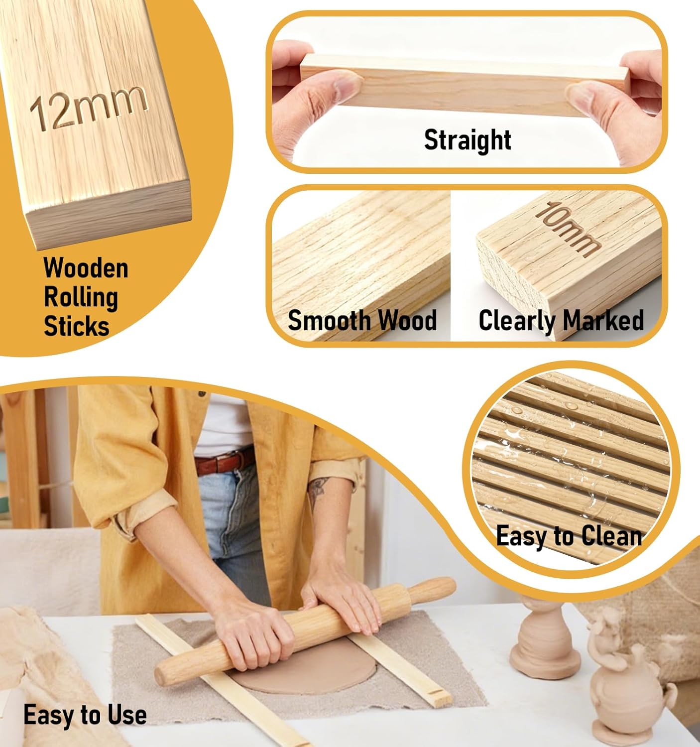 13 Pcs Pottery Tools, 5 Size Teaching Rolling Mud Stick Guide, Wood Rolling Pin, Pottery Special Linen, Clay Fabric, Sponge, Premium Pottery Tools for Hobbyists & Ceramic Artists