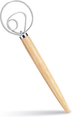 13-Inch Danish Dough Whisk - Wooden Danish for Dough with Stainless Steel Dough Hook - Traditional Dutch Whisk - Bread for Sourdough, Pizza, Pastry, Cake Batter (Rubberwood .Silver, 1)