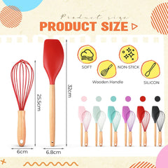 12 Pcs Small Silicone Whisks and Spatulas with Wooden Handle for Cooking 10 Inch Mini Whisk Spatula Non Stick Kitchen Baking Essentials Cookware for Valentines Day Party Favor Gift Supplies