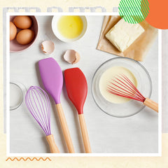 12 Pcs Small Silicone Whisks and Spatulas with Wooden Handle for Cooking 10 Inch Mini Whisk Spatula Non Stick Kitchen Baking Essentials Cookware for Valentines Day Party Favor Gift Supplies