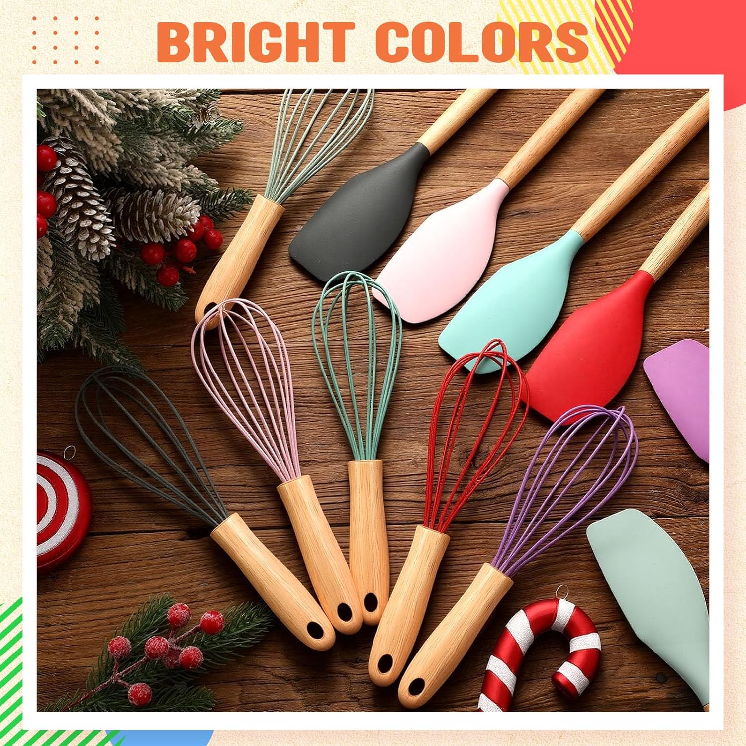 12 Pcs Small Silicone Whisks and Spatulas with Wooden Handle for Cooking 10 Inch Mini Whisk Spatula Non Stick Kitchen Baking Essentials Cookware for Valentines Day Party Favor Gift Supplies