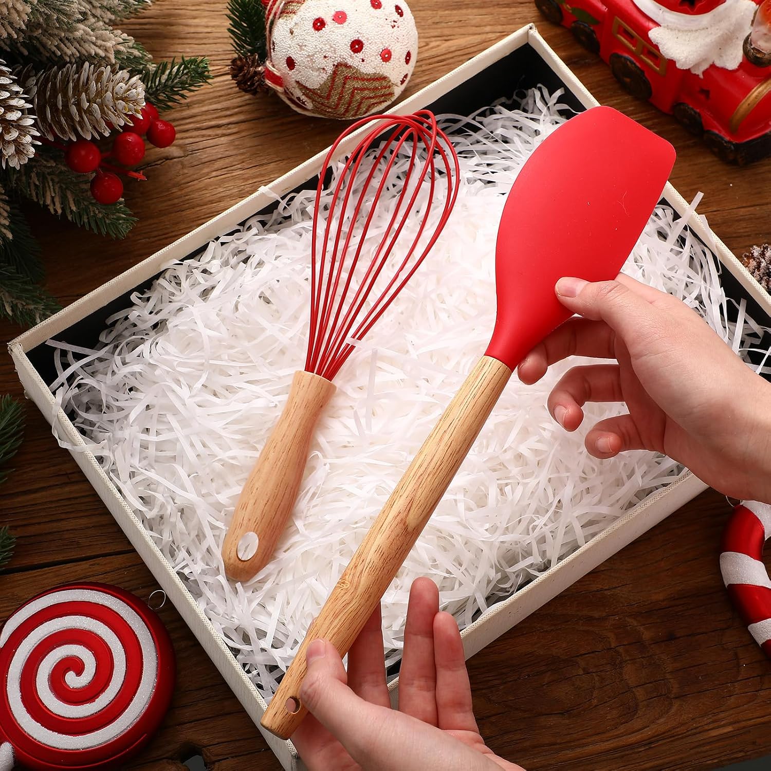12 Pcs Small Silicone Whisks and Spatulas with Wooden Handle for Cooking 10 Inch Mini Whisk Spatula Non Stick Kitchen Baking Essentials Cookware for Valentines Day Party Favor Gift Supplies