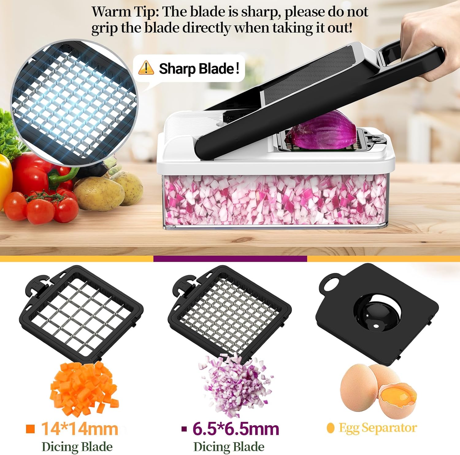 12-in-1 Vegetable Chopper 7 Blades, Veggie Cutter with Handle, Black/White | Stainless Steel Blades, Food Container and Lid, Dicer, Slicer, Julienne, Egg Separator, Non-slip Base, Include Cleaning Tools