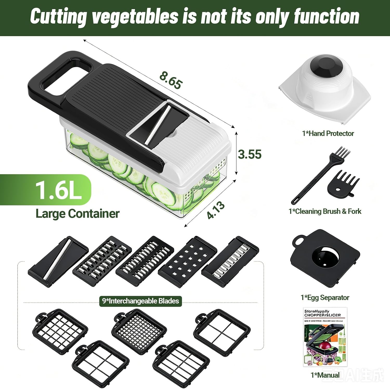 12-in-1 Vegetable Chopper 7 Blades, Veggie Cutter with Handle, Black/White | Stainless Steel Blades, Food Container and Lid, Dicer, Slicer, Julienne, Egg Separator, Non-slip Base, Include Cleaning Tools