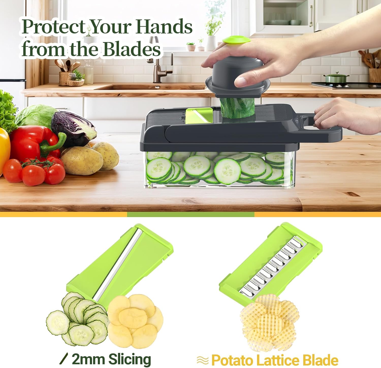 12-in-1 Vegetable Chopper 7 Blades, Veggie Cutter with Handle, Black/White | Stainless Steel Blades, Food Container and Lid, Dicer, Slicer, Julienne, Egg Separator, Non-slip Base, Include Cleaning Tools