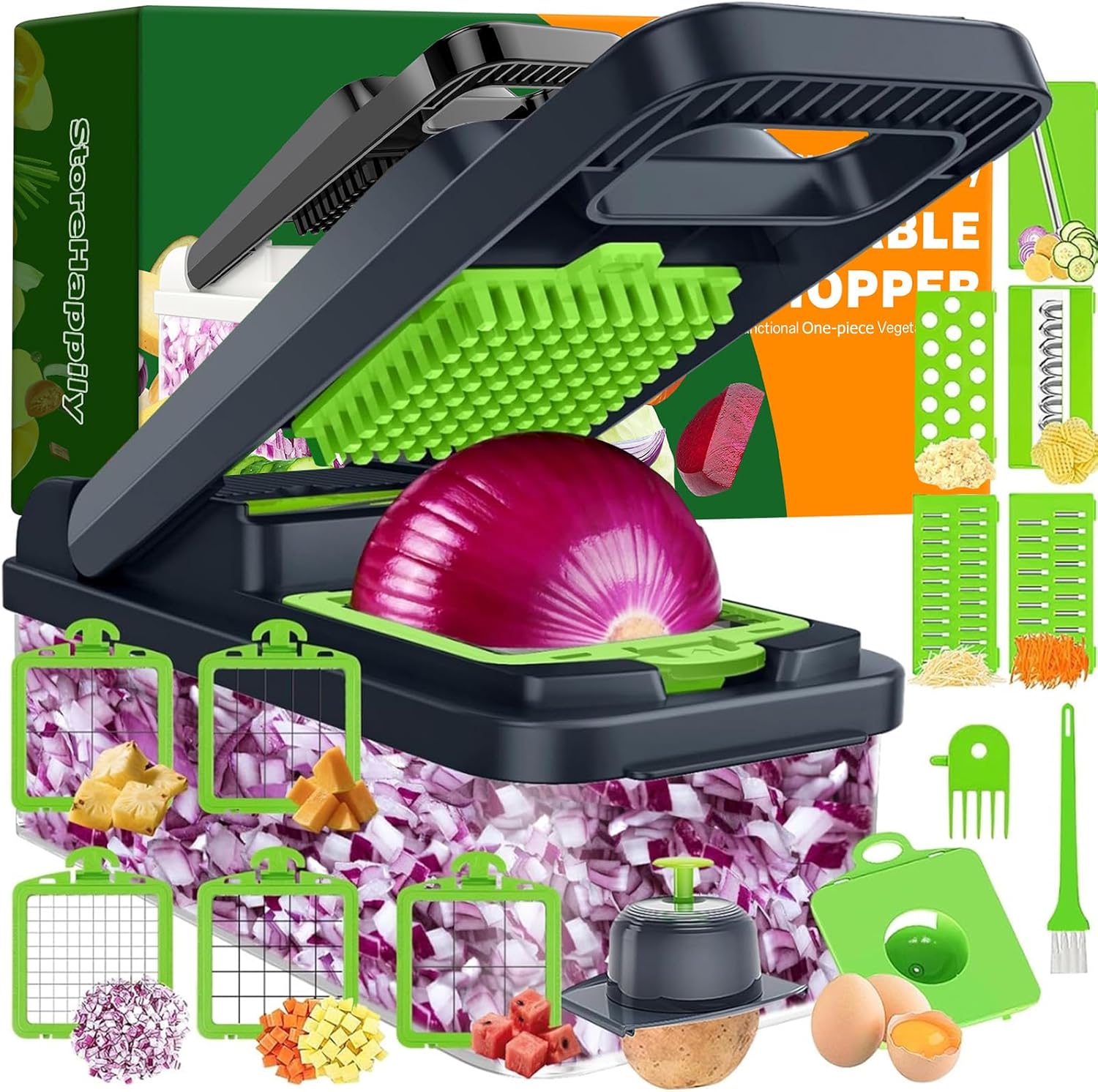 12-in-1 Vegetable Chopper 7 Blades, Veggie Cutter with Handle, Black/White | Stainless Steel Blades, Food Container and Lid, Dicer, Slicer, Julienne, Egg Separator, Non-slip Base, Include Cleaning Tools