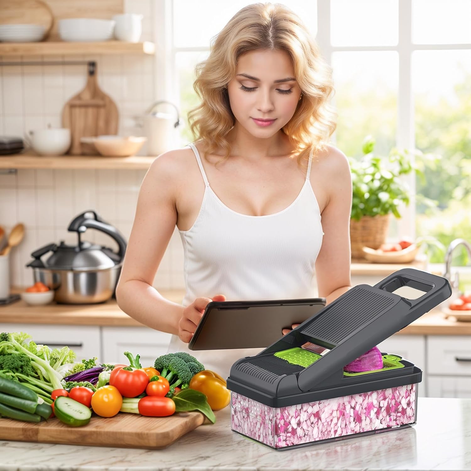 12-in-1 Vegetable Chopper 7 Blades, Veggie Cutter with Handle, Black/White | Stainless Steel Blades, Food Container and Lid, Dicer, Slicer, Julienne, Egg Separator, Non-slip Base, Include Cleaning Tools
