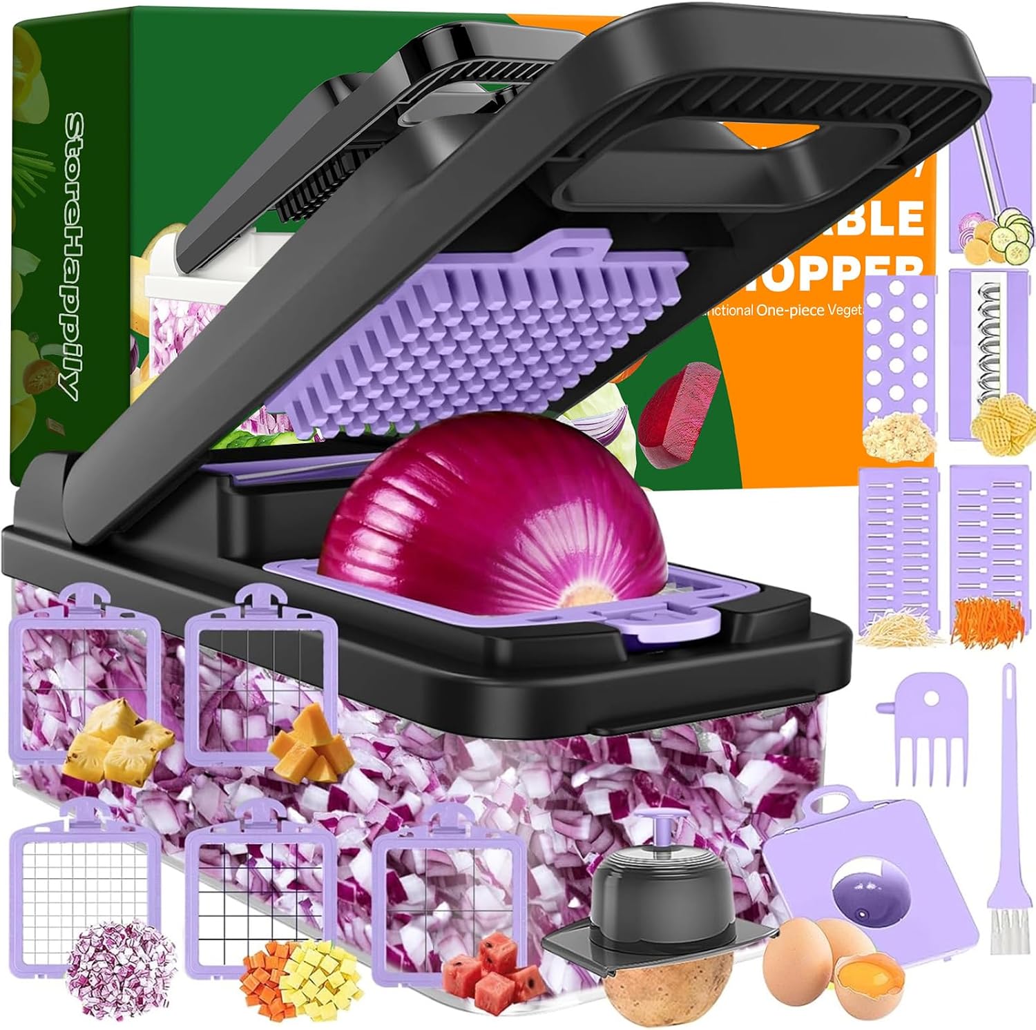 12-in-1 Vegetable Chopper 7 Blades, Veggie Cutter with Handle, Black/White | Stainless Steel Blades, Food Container and Lid, Dicer, Slicer, Julienne, Egg Separator, Non-slip Base, Include Cleaning Tools