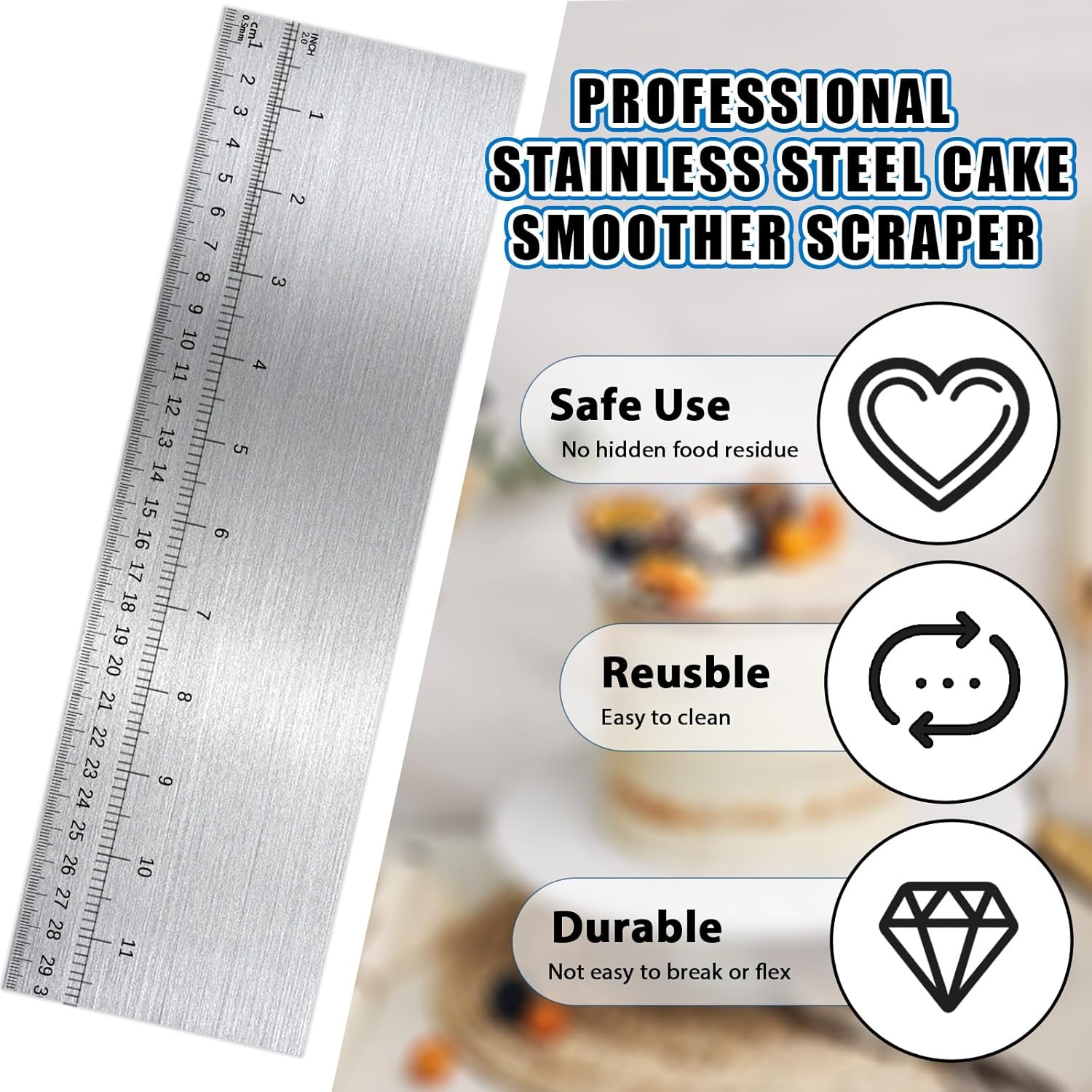 12 Inch Metal Cake Scraper Smoother with Scale Stainless Steel Cake Edge Smoother Cake Decorating Comb Baking Scraper Tool for Mousse Butter Cream Cake Decoration