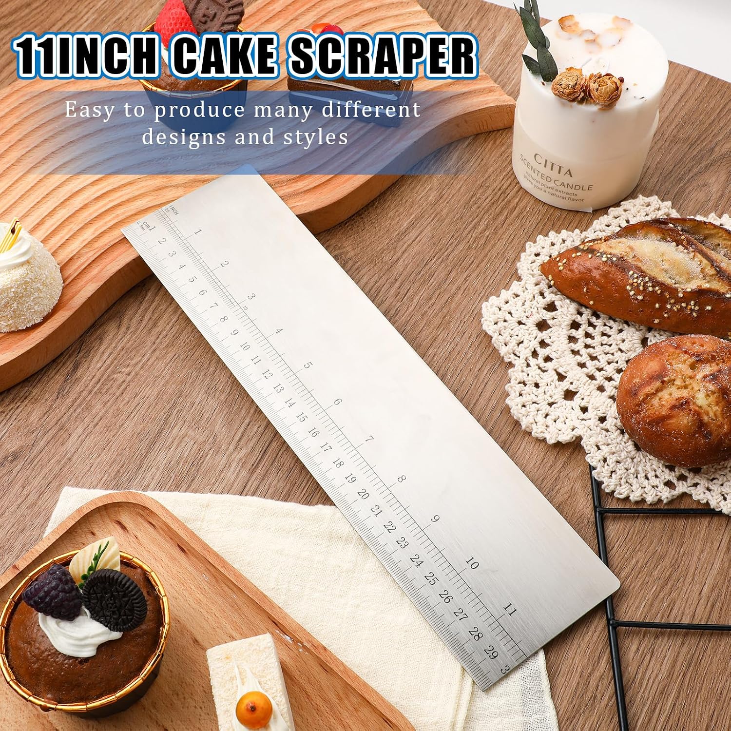 12 Inch Metal Cake Scraper Smoother with Scale Stainless Steel Cake Edge Smoother Cake Decorating Comb Baking Scraper Tool for Mousse Butter Cream Cake Decoration