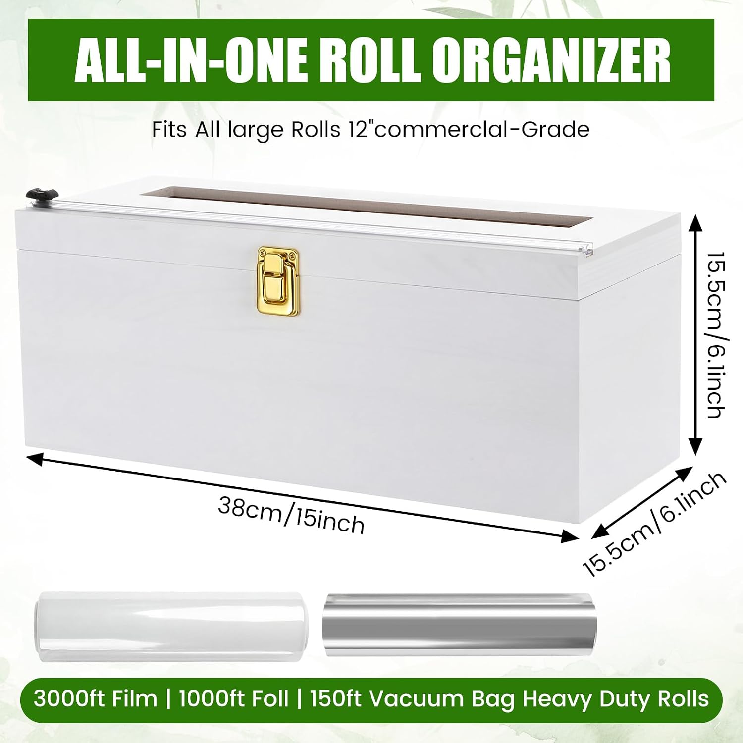 12" Commercial Plastic Wrap Dispenser with Cutter & Roller Heavy Duty Holder for 3000ft Film 1000ft Foil Roll for Restaurant Kitchen Foodservice