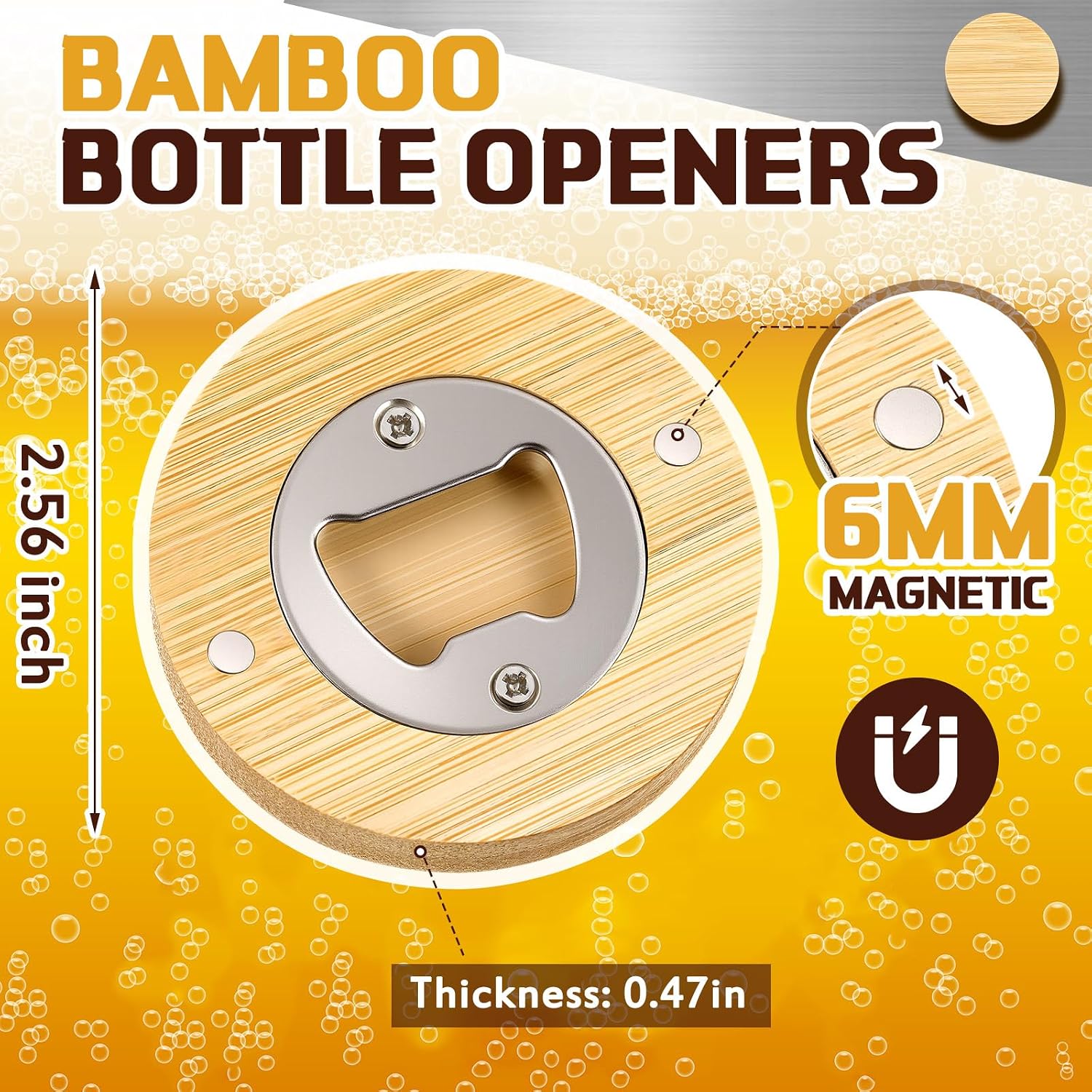 100 Pcs Magnetic Bottle Opener 2.5in DIY Bamboo Round Shape Beer Openers Wooden Fridge Magnet Refrigerator Sticker Gift for Beer Lover Wedding Guest Kitchens Bars Parties