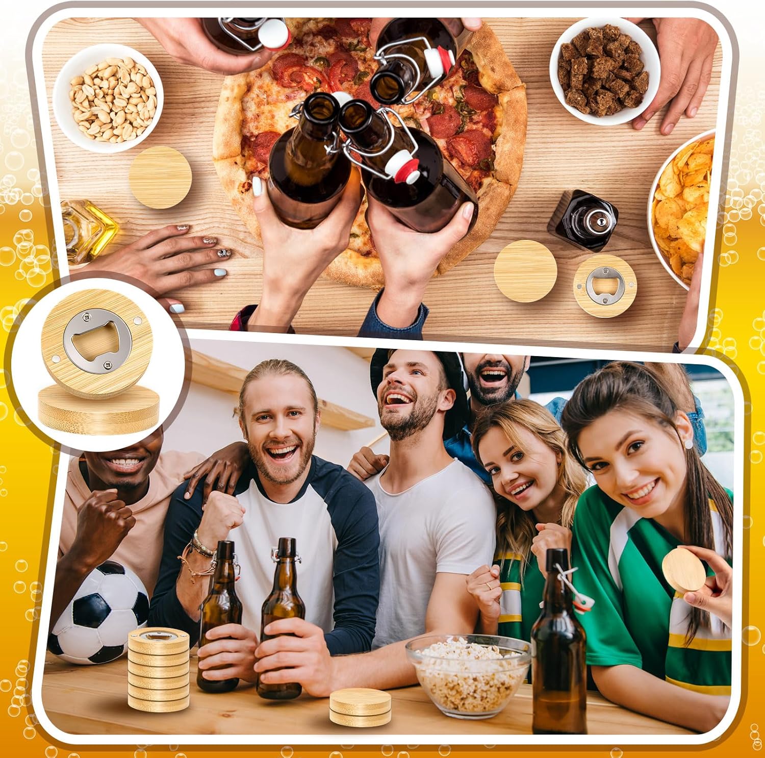 100 Pcs Magnetic Bottle Opener 2.5in DIY Bamboo Round Shape Beer Openers Wooden Fridge Magnet Refrigerator Sticker Gift for Beer Lover Wedding Guest Kitchens Bars Parties