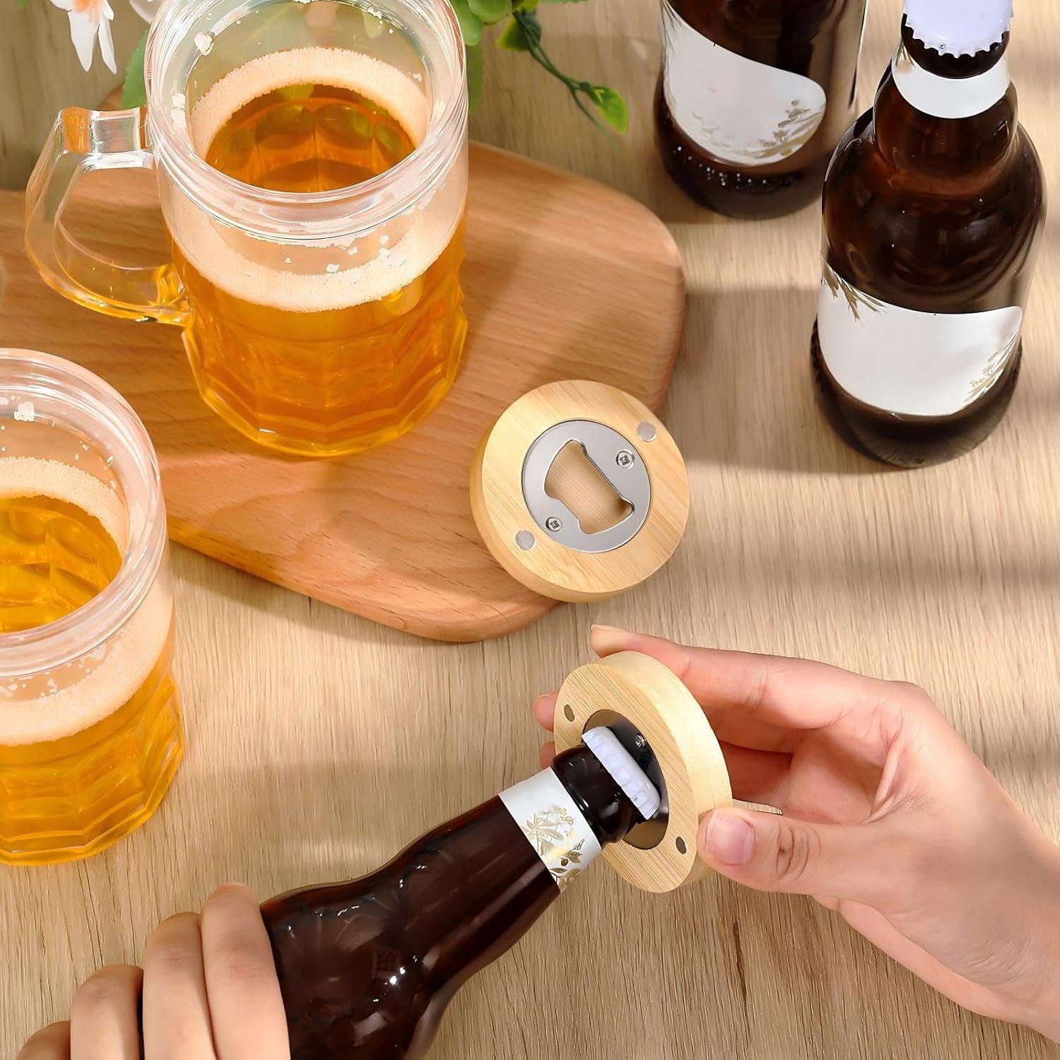 100 Pcs Magnetic Bottle Opener 2.5in DIY Bamboo Round Shape Beer Openers Wooden Fridge Magnet Refrigerator Sticker Gift for Beer Lover Wedding Guest Kitchens Bars Parties