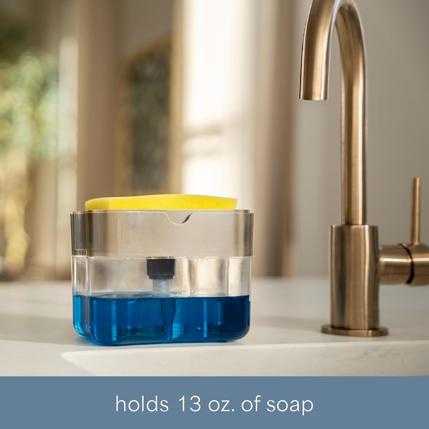 . Dish Soap Dispenser and Sponge Holder, Metallic Silver | Holds 13 Fluid Ounces, Sponge Included, Anti-Slid Feet, Push to Dispense Perfect Amount of Dish Soap