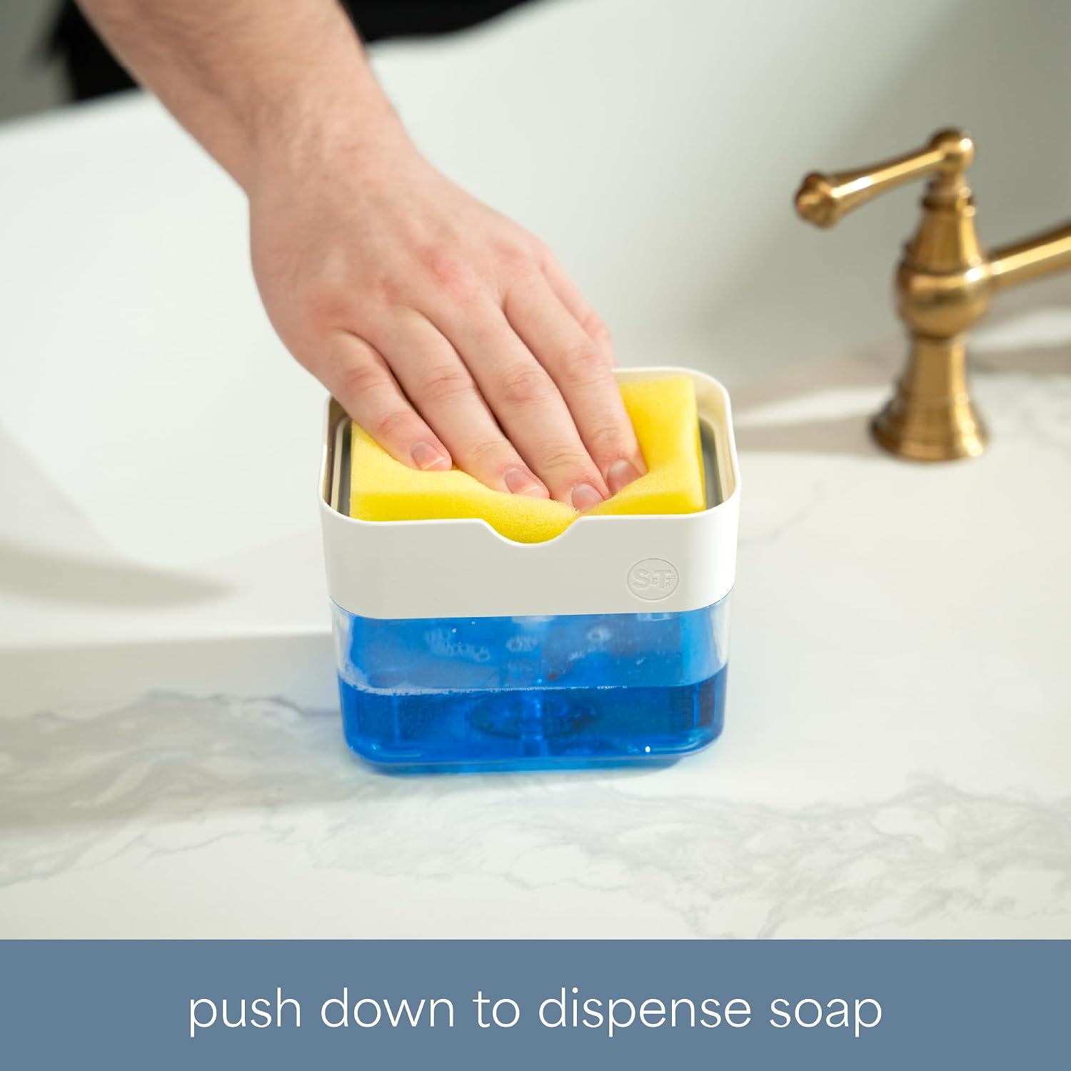 . Dish Soap Dispenser and Sponge Holder, Metallic Silver | Holds 13 Fluid Ounces, Sponge Included, Anti-Slid Feet, Push to Dispense Perfect Amount of Dish Soap