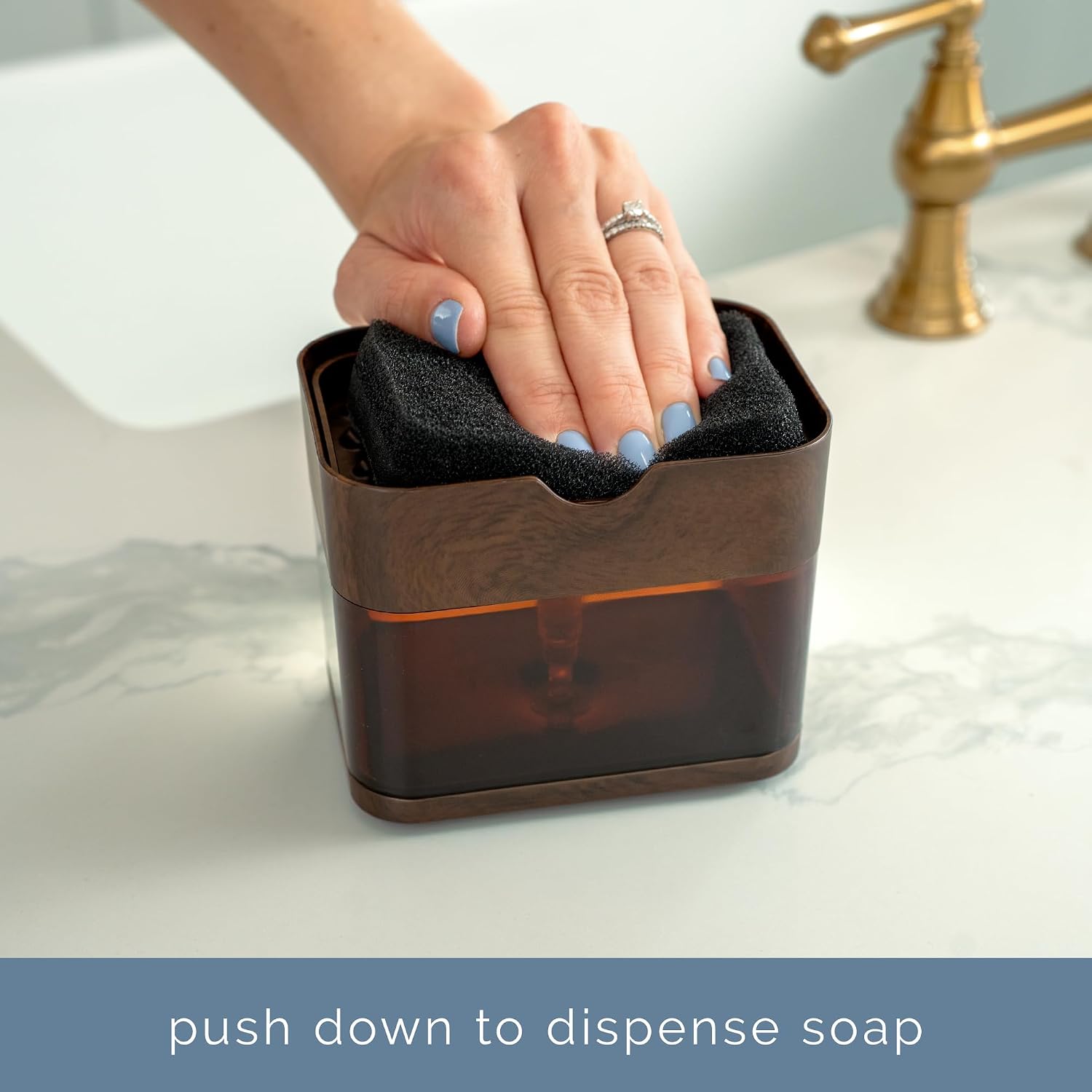 . Dish Soap Dispenser and Sponge Holder, Metallic Silver | Holds 13 Fluid Ounces, Sponge Included, Anti-Slid Feet, Push to Dispense Perfect Amount of Dish Soap