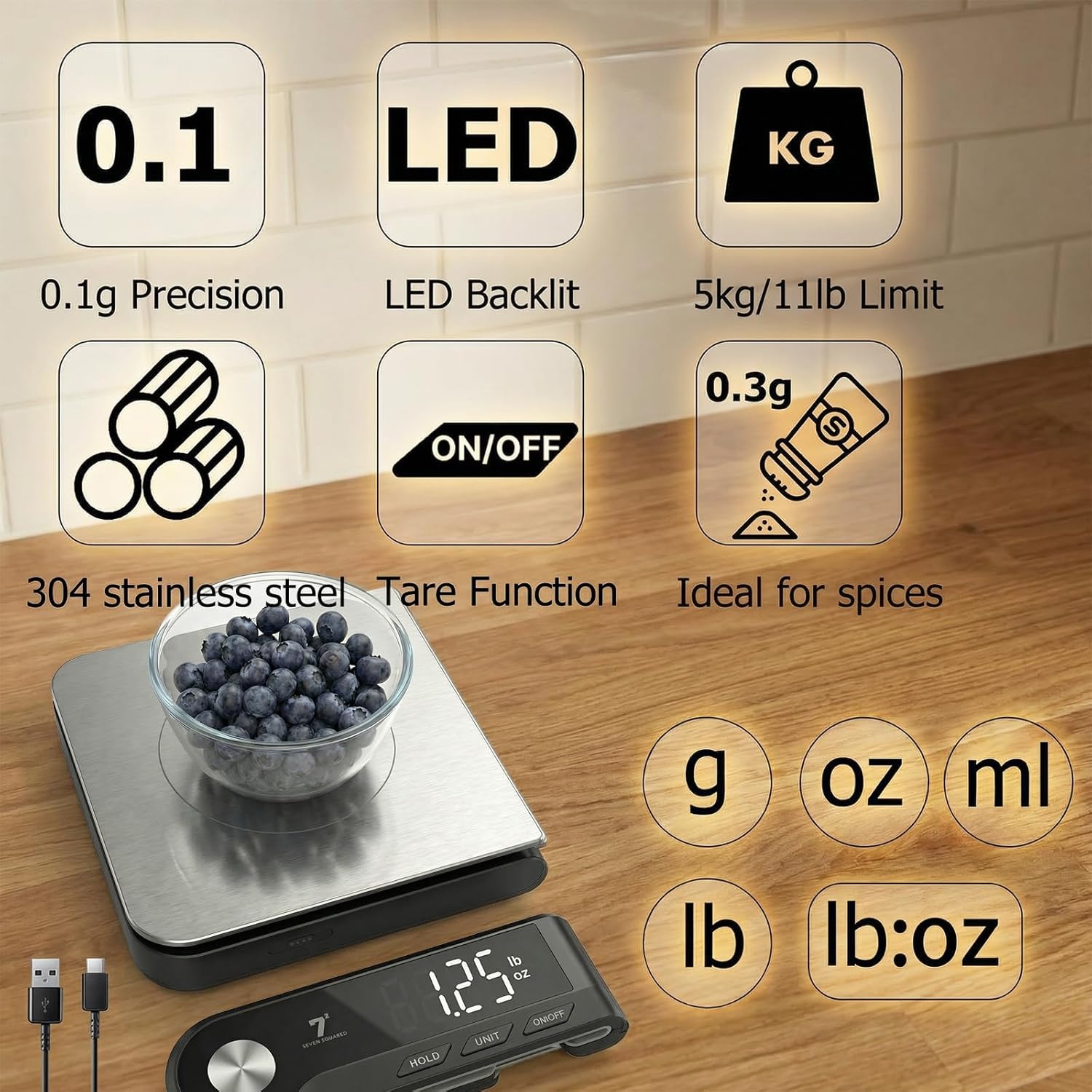 11lb/5kg Digital Kitchen Food Gram Scale with Pull Out Display, 0.1g/0.001oz Precision Wireless Bakery Scale, LED Backlight, 5 Units, USB Rechargeable, Stainless Steel Platform