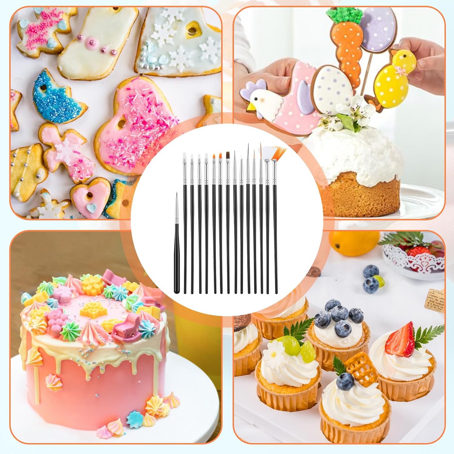 15 PCS Cake Decorating Brushes, Sugar Cookie Decorating Brushes Kit | Food Safe Basting Brush Multifunctional Decorative Baking Supplies Candy Icing Pastry Brush for Bakers(Black)