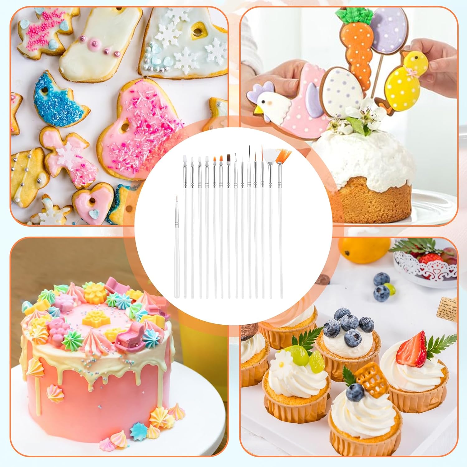 15 PCS Cake Decorating Brushes, Sugar Cookie Decorating Brushes Kit | Food Safe Basting Brush Multifunctional Decorative Baking Supplies Candy Icing Pastry Brush for Bakers(Black)
