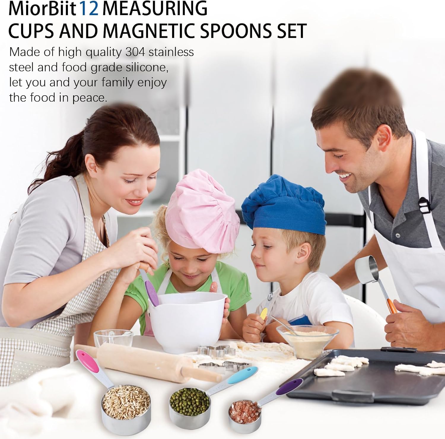 12 PCS Measuring Cups and Spoons Set Stainless Steel, 5 Measuring Cups with Colorful Silicone Handle and 6 Double-Sided Magnetic Measuring Spoons & 1 Leveler for Cooking and Baking (5+6+1)