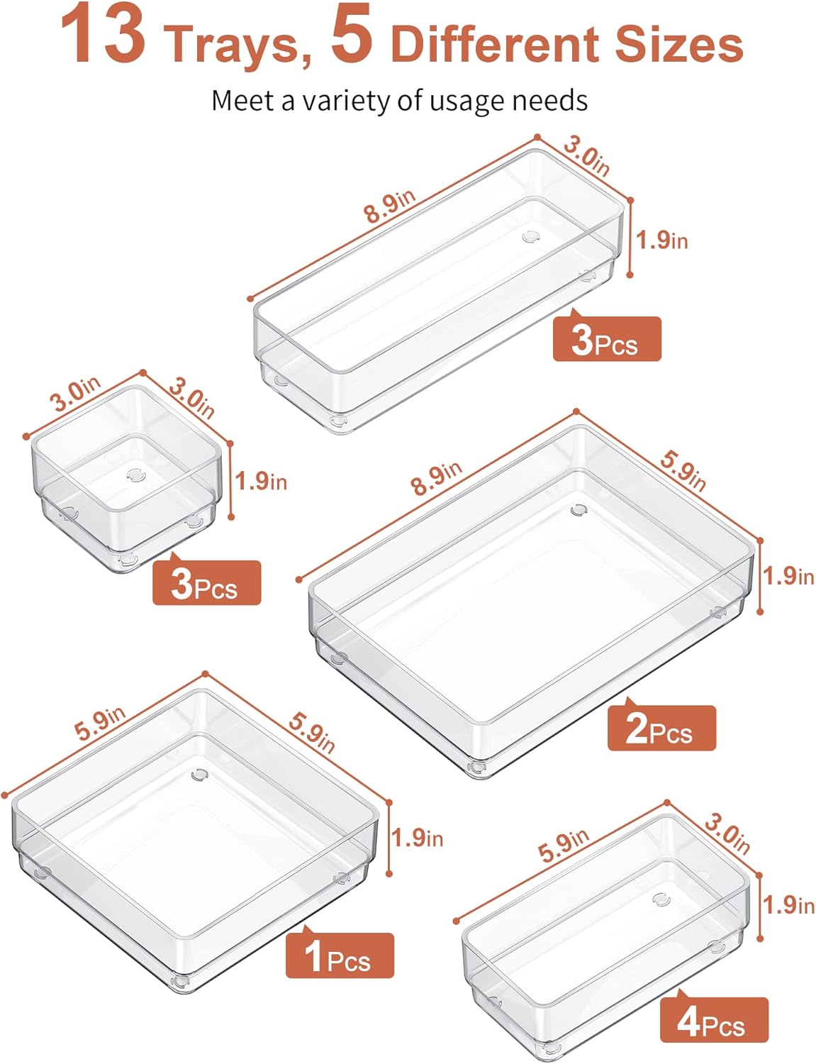 13 PCS Drawer Organizer 5-Size Desk Makeup Drawer Organizer Clear | Storage Trays for Makeup with Non Slip Silicone Pads, Jewelries, Utensils in Bedroom Dresser, Office, Kitchen and Bathroom
