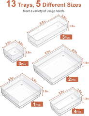 13 PCS Drawer Organizer 5-Size Desk Makeup Drawer Organizer Clear | Storage Trays for Makeup with Non Slip Silicone Pads, Jewelries, Utensils in Bedroom Dresser, Office, Kitchen and Bathroom
