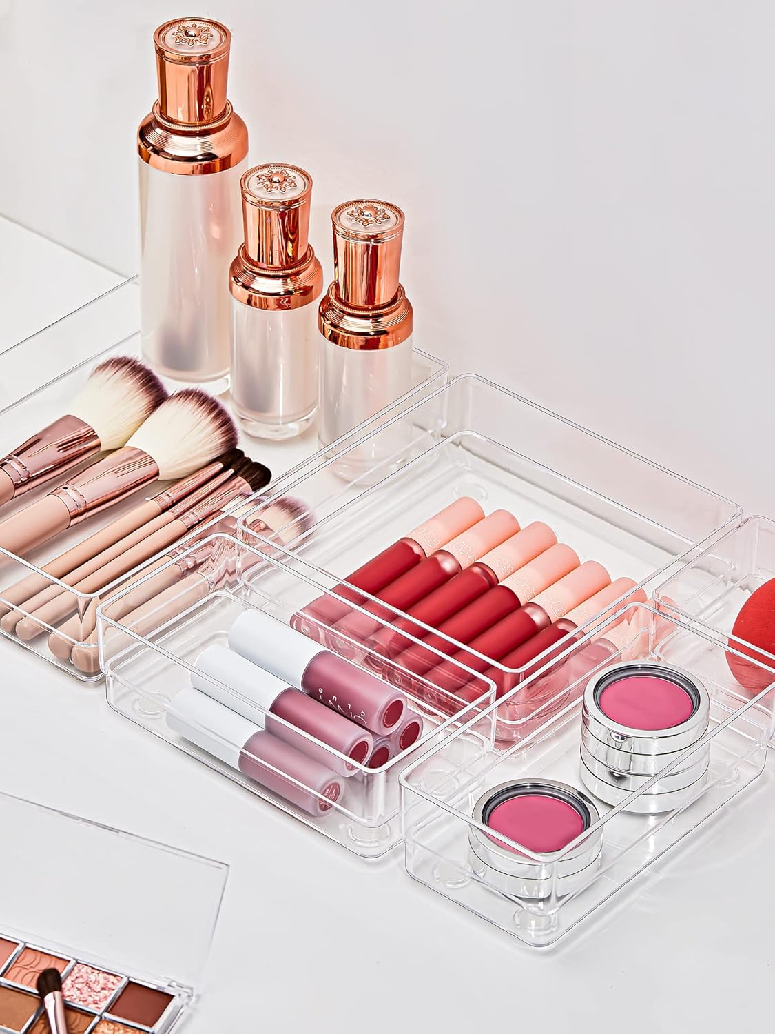 13 PCS Drawer Organizer 5-Size Desk Makeup Drawer Organizer Clear | Storage Trays for Makeup with Non Slip Silicone Pads, Jewelries, Utensils in Bedroom Dresser, Office, Kitchen and Bathroom