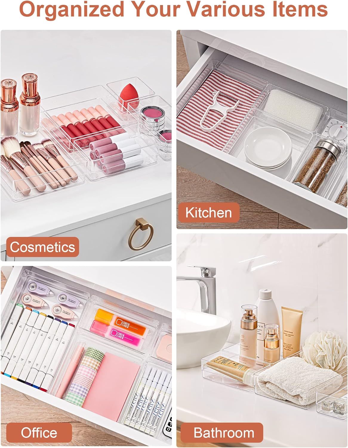 13 PCS Drawer Organizer 5-Size Desk Makeup Drawer Organizer Clear | Storage Trays for Makeup with Non Slip Silicone Pads, Jewelries, Utensils in Bedroom Dresser, Office, Kitchen and Bathroom