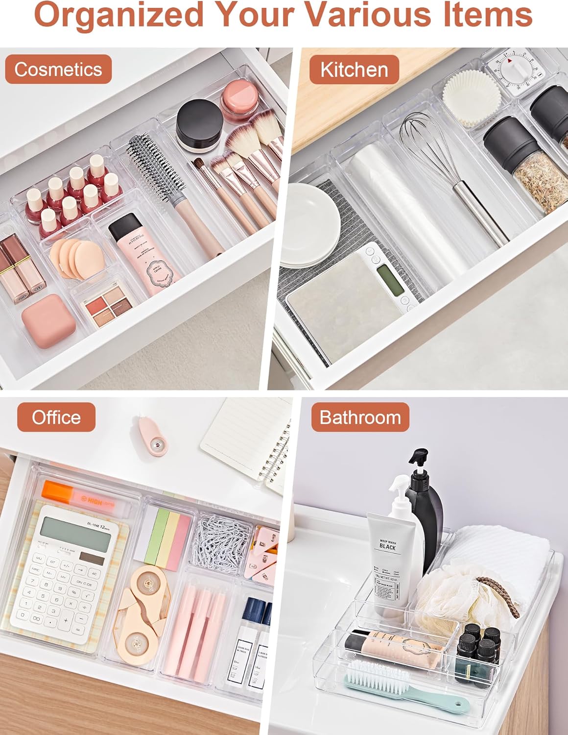 13 PCS Drawer Organizer 5-Size Desk Makeup Drawer Organizer Clear | Storage Trays for Makeup with Non Slip Silicone Pads, Jewelries, Utensils in Bedroom Dresser, Office, Kitchen and Bathroom