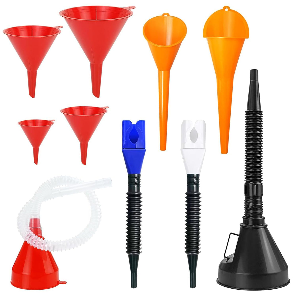 10 PCS Funnels for Automotive Use .Automotive Funnel Set with Wide Mouth Long Neck Hose, Flexible Oil Transmission Fuel Funnel Kit for Oil Change