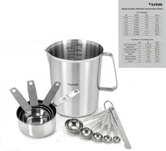 12-Piece Measuring Cups and Spoons Set with 1L (32oz) 304 Stainless Steel Measuring Pitcher, Heavy Duty Baking Tools for Liquid & Dry Ingredients, Kitchen Cooking & Baking