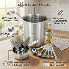 12-Piece Measuring Cups and Spoons Set with 1L (32oz) 304 Stainless Steel Measuring Pitcher, Heavy Duty Baking Tools for Liquid & Dry Ingredients, Kitchen Cooking & Baking