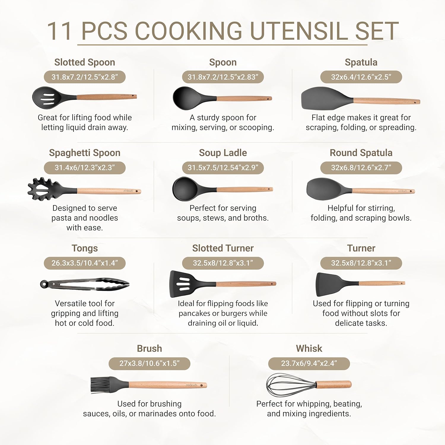 11-Piece Silicone Kitchen Utensils Set with Non Toxic Spatula, Tongs, Whisk, Turner & Ladle – Heat Resistant, Non-Scratch Cooking Tools with Wooden Handles, BPA-Free, Dishwasher Safe (Black)