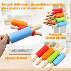 10Pcs 9 Inch Mini Silicone Rolling Pin, Small Kids Rolling Pins for Baking | Wooden Handles Rolling Pin for Dough Making Cookies, Cakes , Baking Food