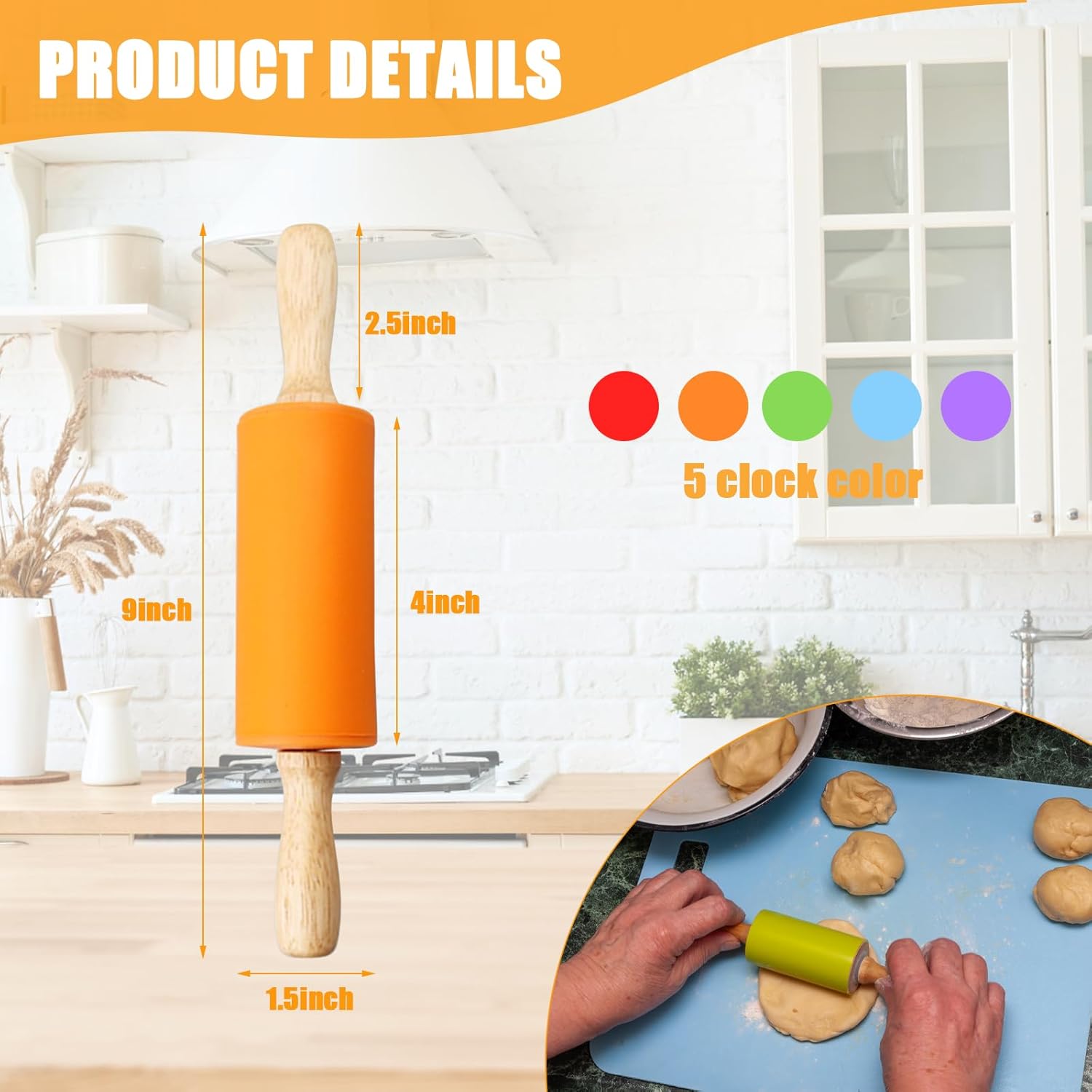 10Pcs 9 Inch Mini Silicone Rolling Pin, Small Kids Rolling Pins for Baking | Wooden Handles Rolling Pin for Dough Making Cookies, Cakes , Baking Food