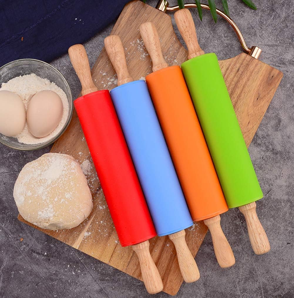15-inch Silicone Rolling Pin for Baking, Non-stick Surface and Comfortable Wood Handles