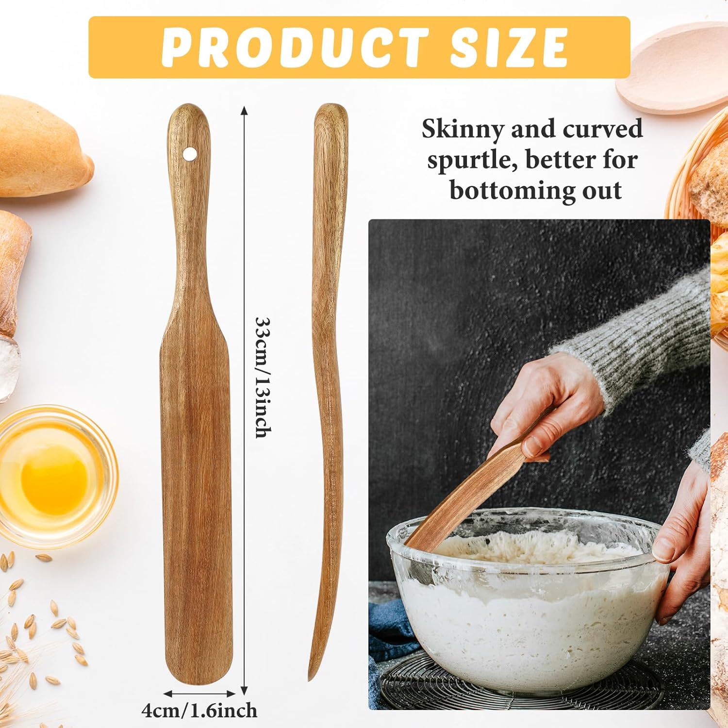 1 Pack 13" Acacia Wooden Spatula for Sourdough Starter, Mixing, Reaching Bottom of Jar, Dough Whisk, Long Handle Jar Spatula, Spurtle Kitchen Tool Wood Kitchen Utensil Kit for Baking, Cooking