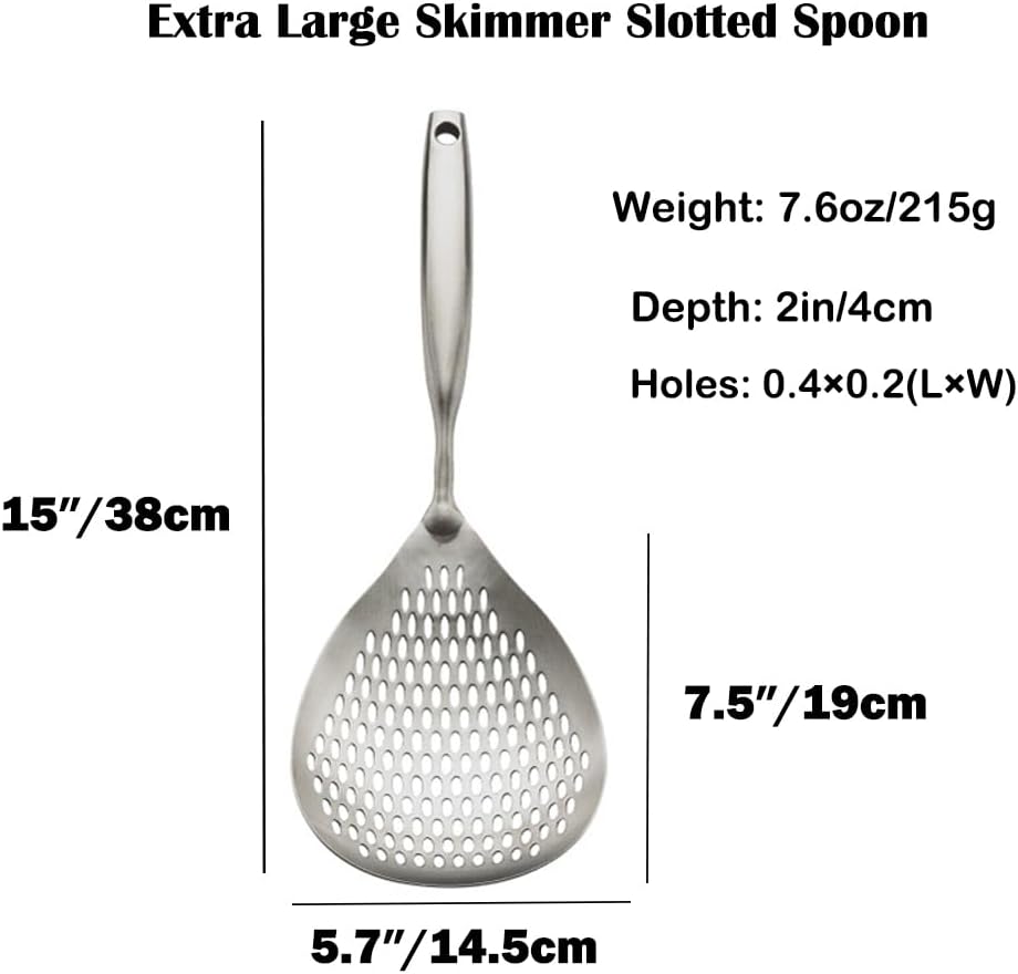 15 Inch Large Skimmer Slotted Spoon 304 Stainless Strainer Spoon | Kitchen Cooking Frying Draining Spoon Rustproof, Integral Forming, Durable, Ergonomic Handle, Dishwasher Safe
