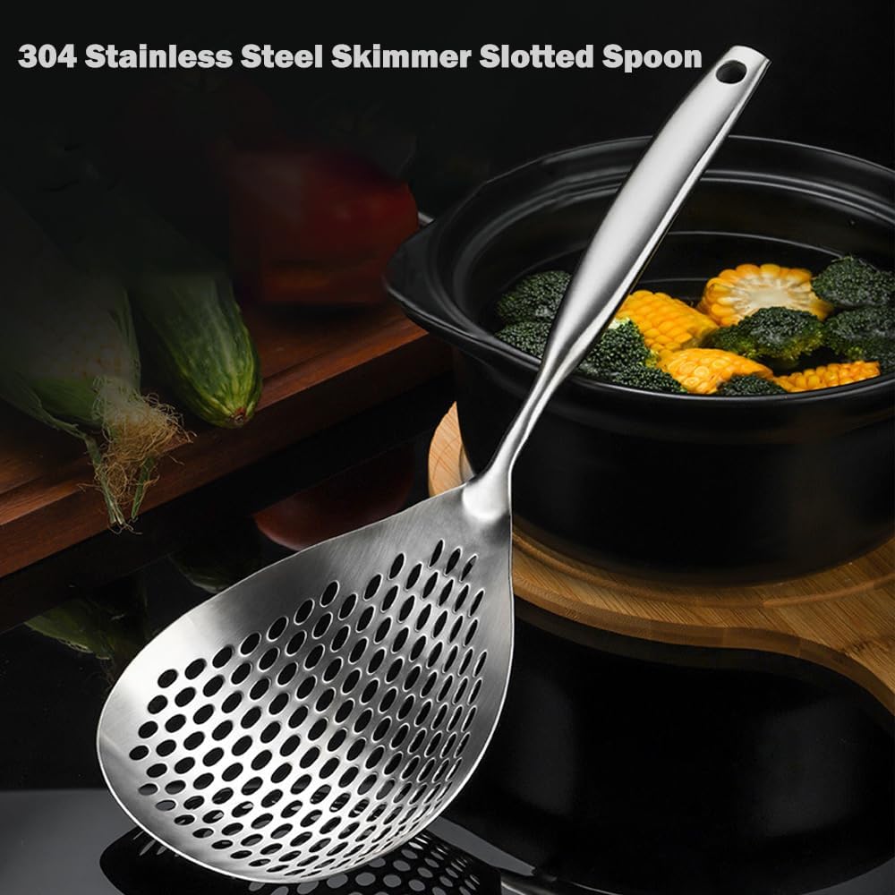 15 Inch Large Skimmer Slotted Spoon 304 Stainless Strainer Spoon | Kitchen Cooking Frying Draining Spoon Rustproof, Integral Forming, Durable, Ergonomic Handle, Dishwasher Safe