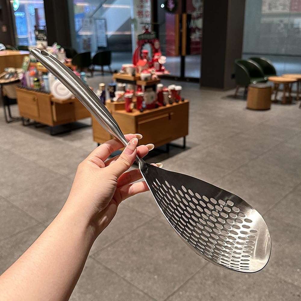 15 Inch Large Skimmer Slotted Spoon 304 Stainless Strainer Spoon | Kitchen Cooking Frying Draining Spoon Rustproof, Integral Forming, Durable, Ergonomic Handle, Dishwasher Safe
