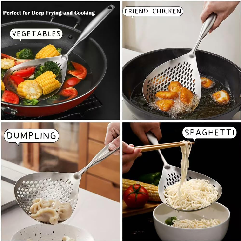 15 Inch Large Skimmer Slotted Spoon 304 Stainless Strainer Spoon | Kitchen Cooking Frying Draining Spoon Rustproof, Integral Forming, Durable, Ergonomic Handle, Dishwasher Safe