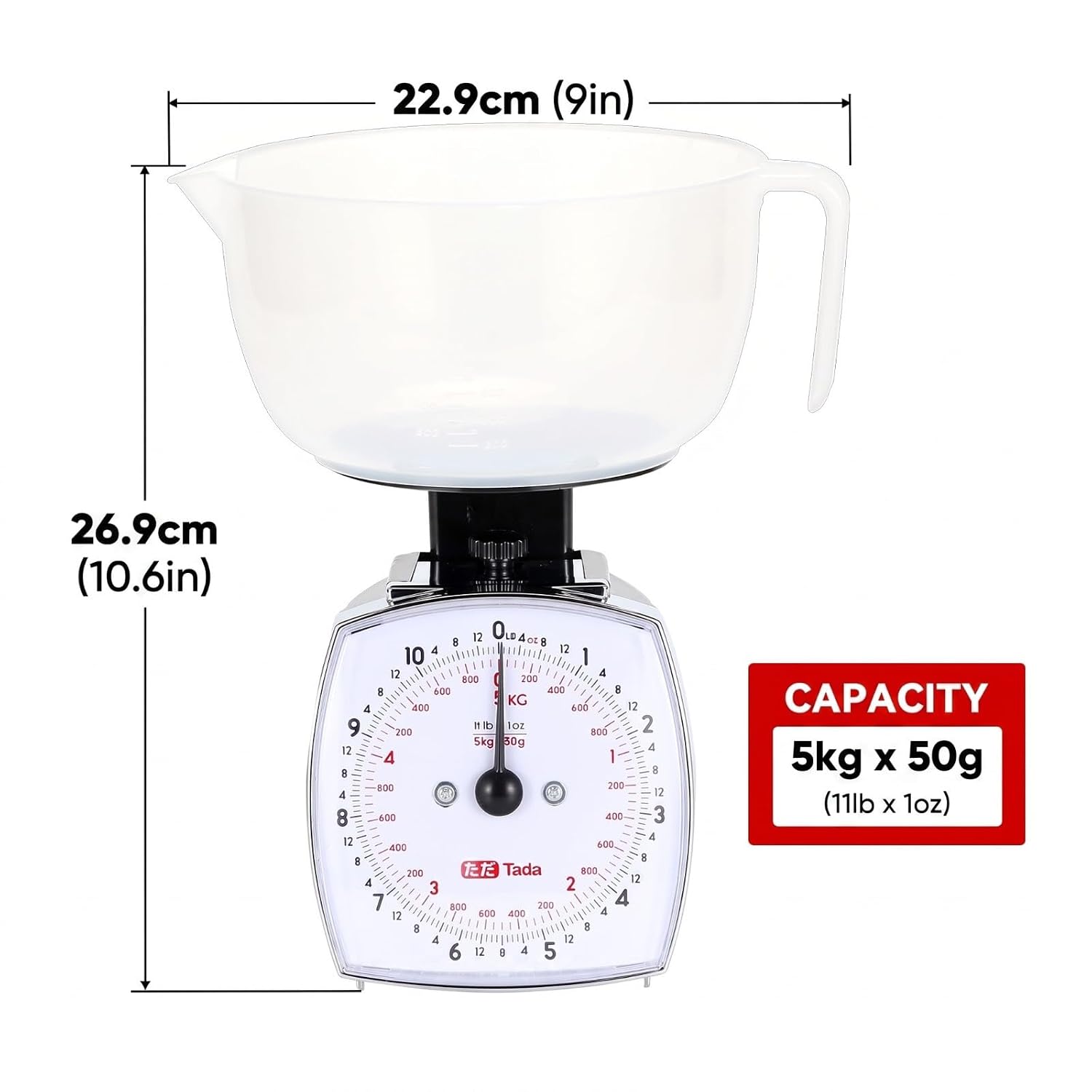 11lb Analog Food Scale Mechanical Dial Kitchen Scale | Removable Measuring Cup, Tare Function