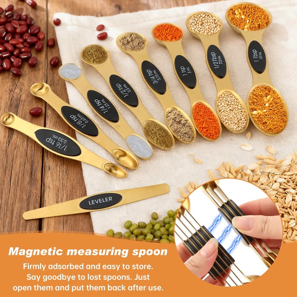 13Pcs Magnetic Measuring Spoons Set,Stainless Steel Measurin g Cups,8 Dual Sided Magnetic Measuring Spoons with Leveler,4 Nesting Measurings Cups for Liquid and Dry Ingredients(Golden,Size:Multi size)