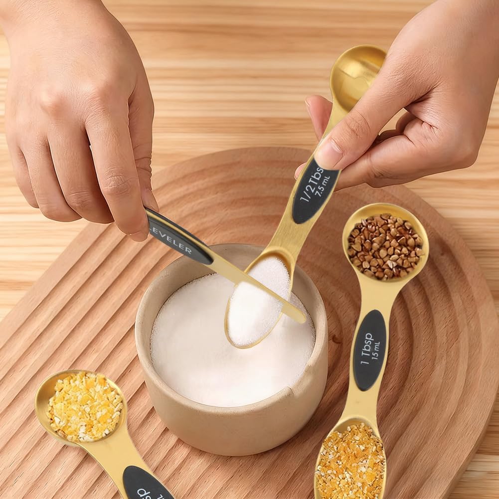 13Pcs Magnetic Measuring Spoons Set,Stainless Steel Measurin g Cups,8 Dual Sided Magnetic Measuring Spoons with Leveler,4 Nesting Measurings Cups for Liquid and Dry Ingredients(Golden,Size:Multi size)