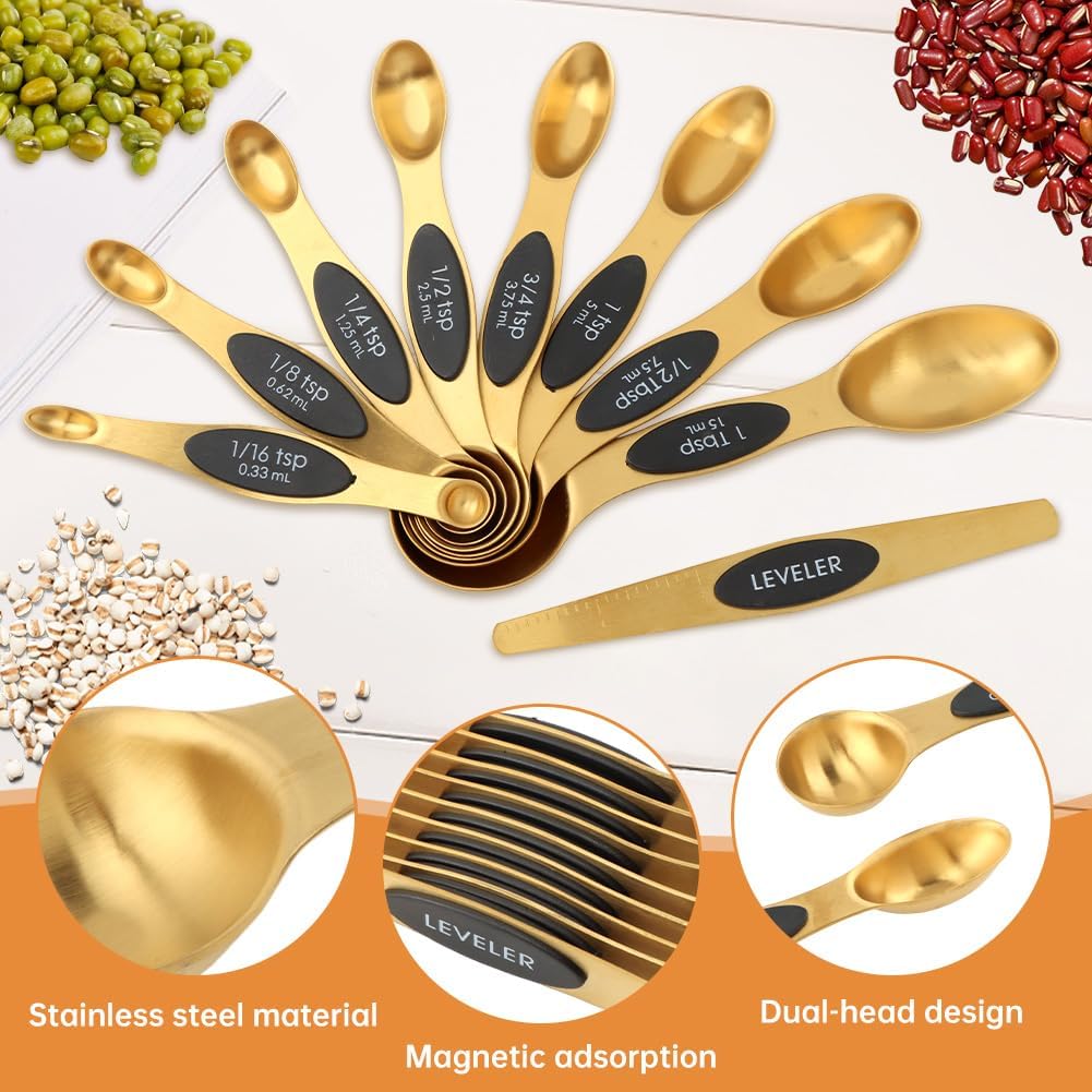 13Pcs Magnetic Measuring Spoons Set,Stainless Steel Measurin g Cups,8 Dual Sided Magnetic Measuring Spoons with Leveler,4 Nesting Measurings Cups for Liquid and Dry Ingredients(Golden,Size:Multi size)