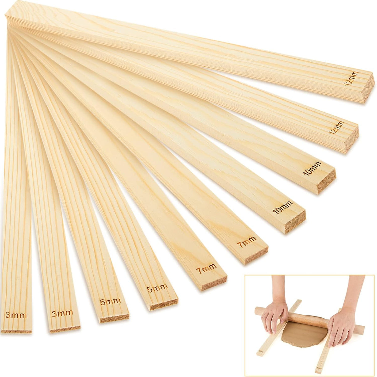 10 Pcs Clay Pottery Rolling Pin Guides,5 Size,Wood Color | Wooden, Teaching Rolling Mud Stick Guide, Polymer Clay Depth Thickness Guide, Pottery Mudboard Tool