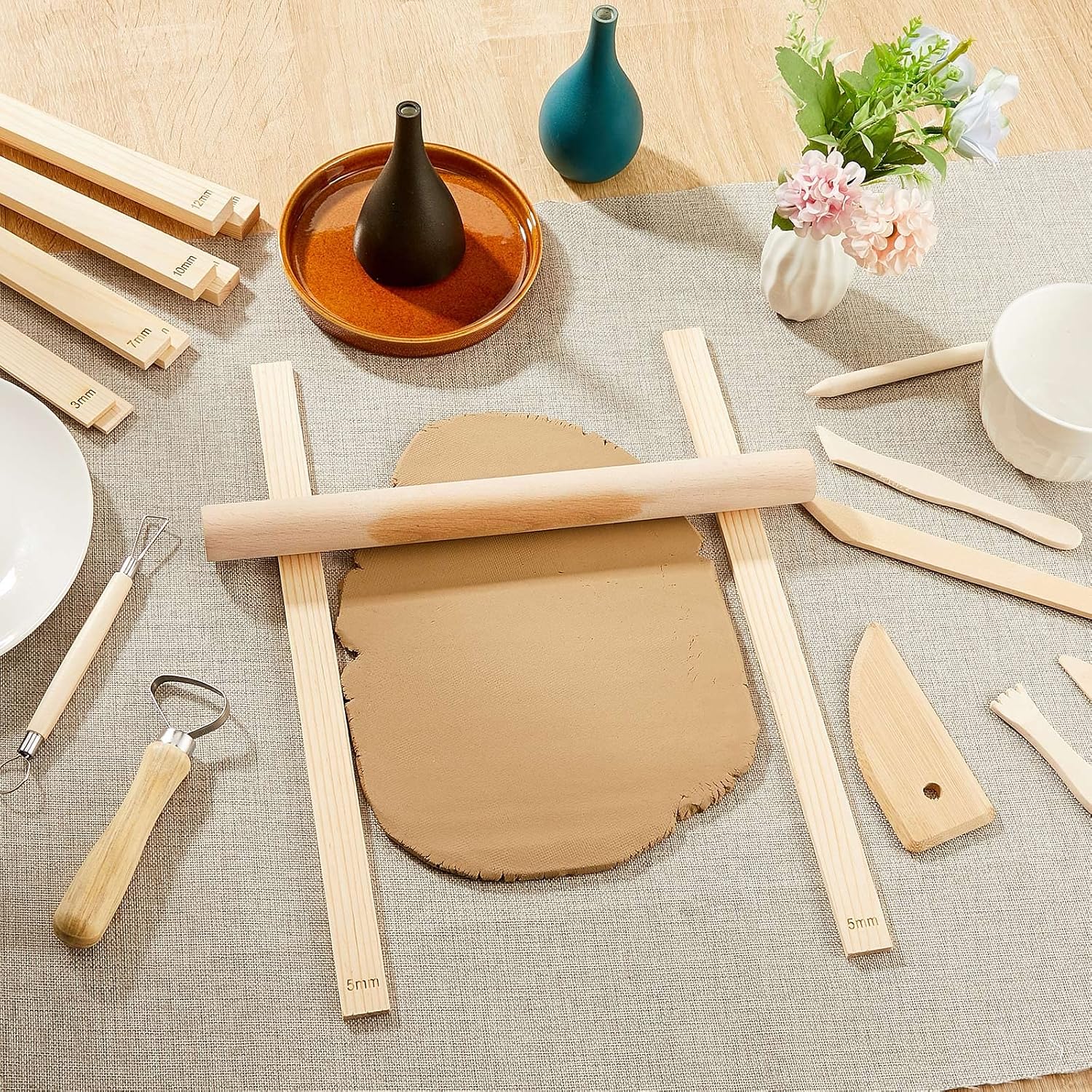 10 Pcs Clay Pottery Rolling Pin Guides,5 Size,Wood Color | Wooden, Teaching Rolling Mud Stick Guide, Polymer Clay Depth Thickness Guide, Pottery Mudboard Tool