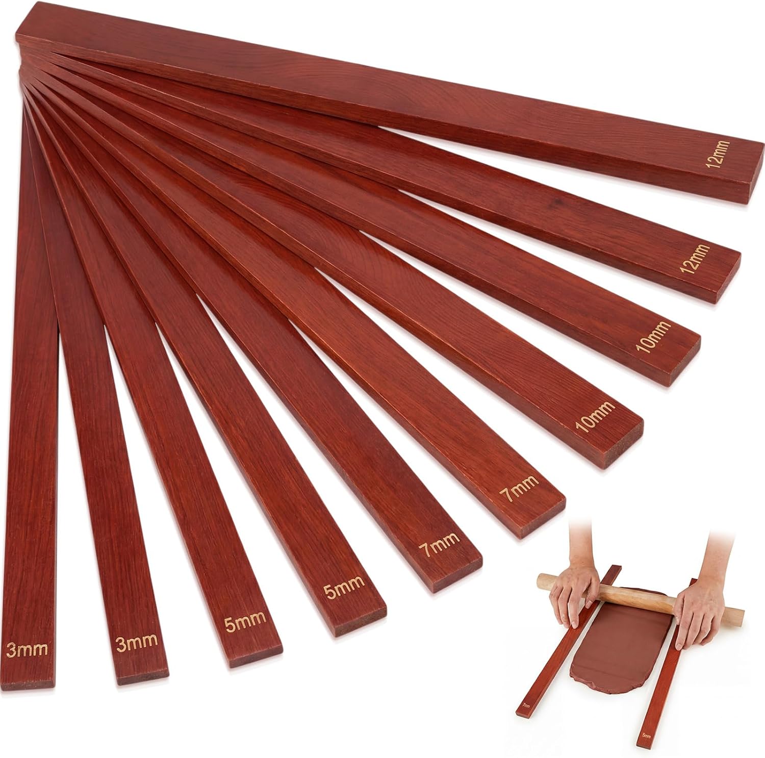 10 Pcs Clay Pottery Rolling Pin Guides,5 Size,Wood Color | Wooden, Teaching Rolling Mud Stick Guide, Polymer Clay Depth Thickness Guide, Pottery Mudboard Tool