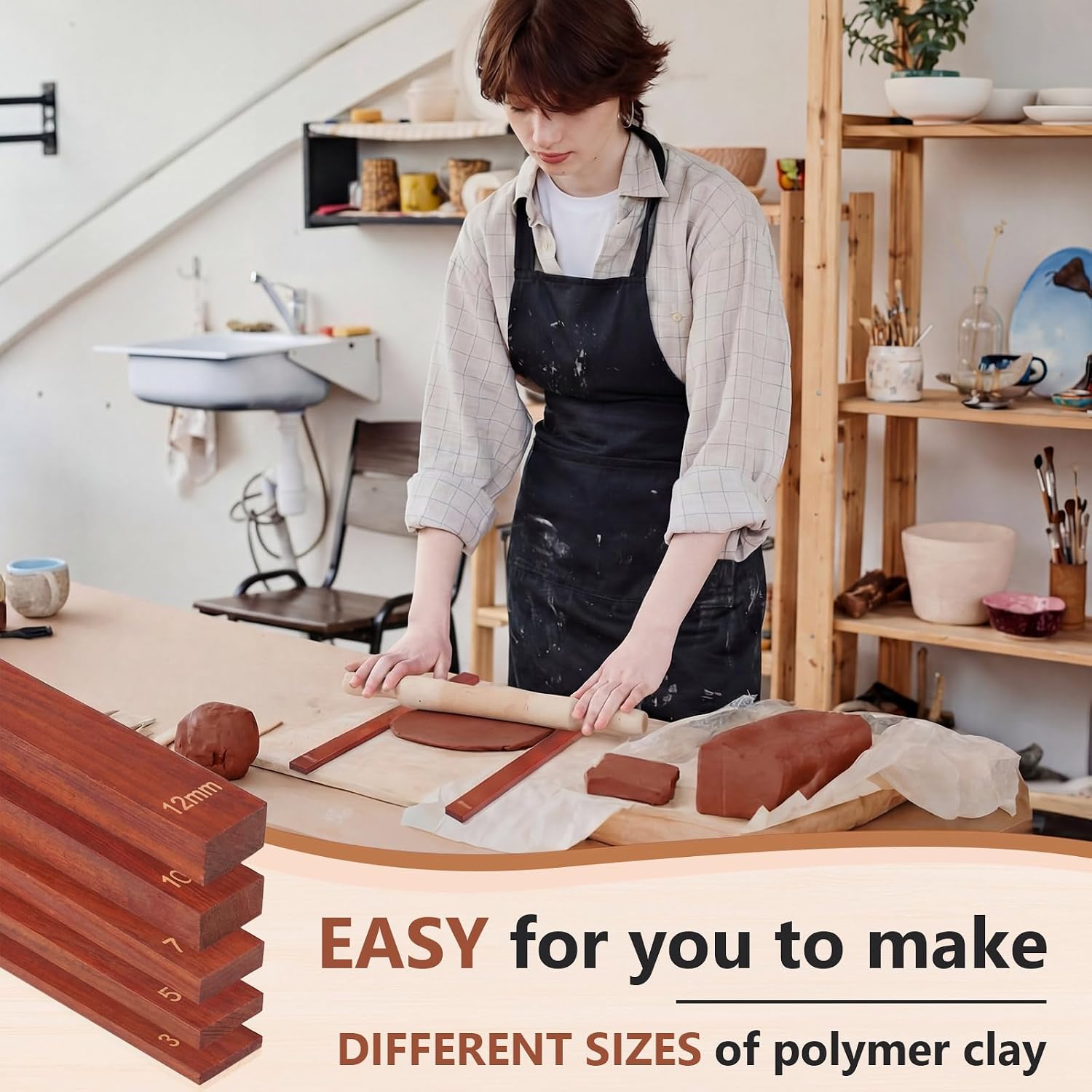 10 Pcs Clay Pottery Rolling Pin Guides,5 Size,Wood Color | Wooden, Teaching Rolling Mud Stick Guide, Polymer Clay Depth Thickness Guide, Pottery Mudboard Tool
